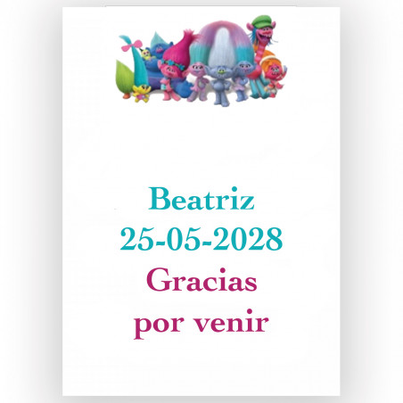 Trolls, adesivo con campi di testo modificabili 7x5 cm sfondo bianco