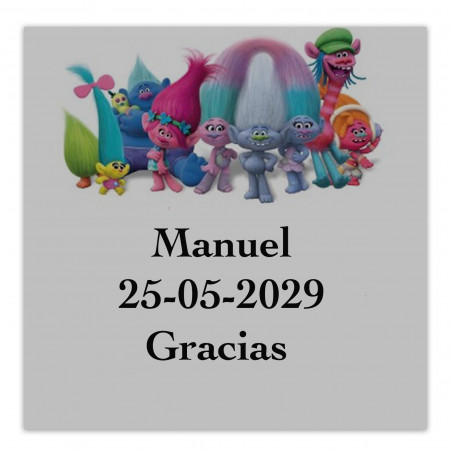 Etichette adesive trasparenti Trolls 5x5 cm personalizzate