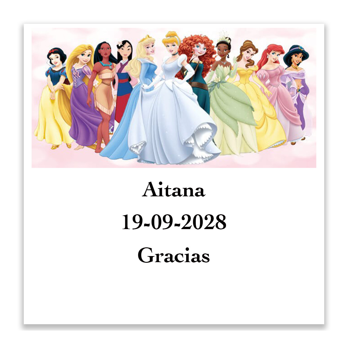 Principesse, adesivo personalizzato 5x5 cm con testo e sfondo bianco