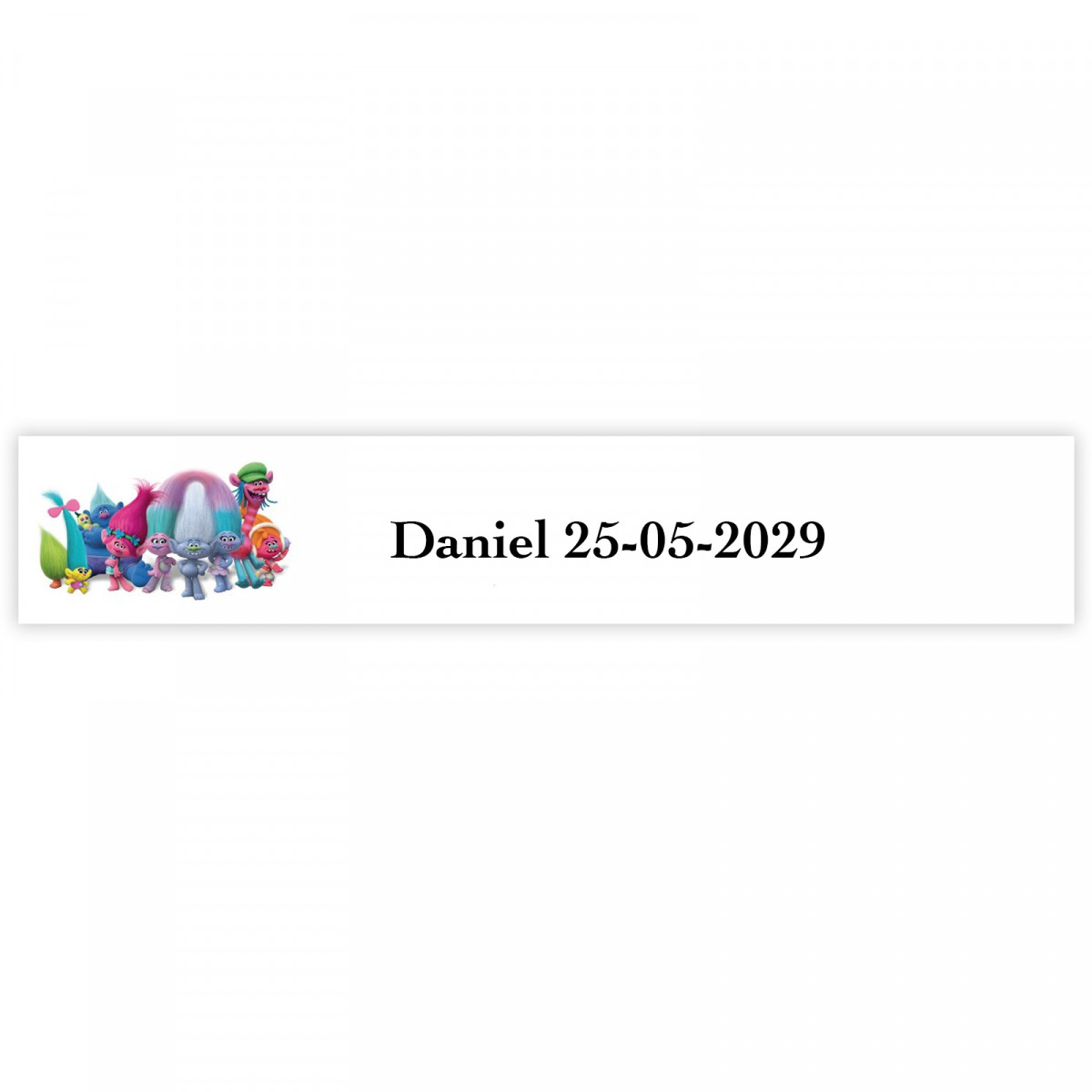 Adesivi personalizzati Trolls per bambini 5x1cm sfondo bianco