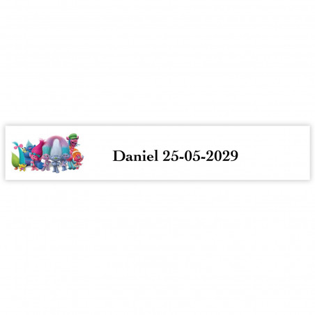Adesivi personalizzati Trolls per bambini 5x1cm sfondo bianco