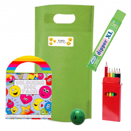 Emojis borsa regalo con libro da colorare, matite, pallone e caramella