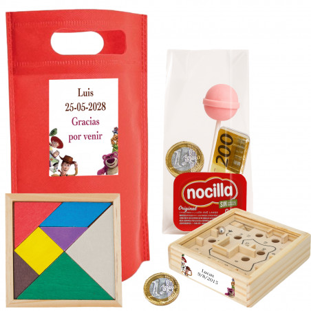 Toy Story borsa piñata per compleanni con caramelle e giochi di legno