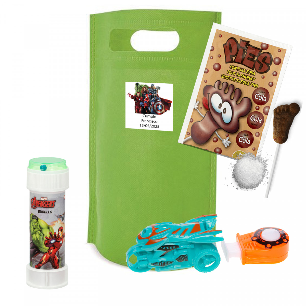 Set di compleanno Avengers con bolle di sapone giocattolo e dolci