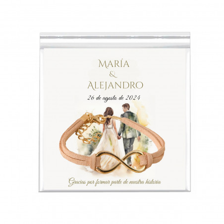 Bracciale infinito con biglietto personalizzato in busta di polipropilene per matrimoni
