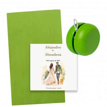 Yoyó verde in canna di grano in busta con biglietto personalizzabile per matrimoni