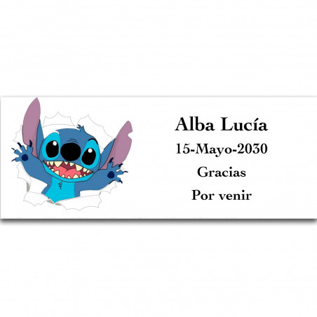 Stitch, etichetta adesiva personalizzata con testi modificabili 13x5cm