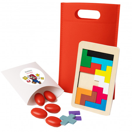 Súper Mario Bros, Puzzle Tetris in Legno e Scatola con Confetti Rossi Personalizzati
