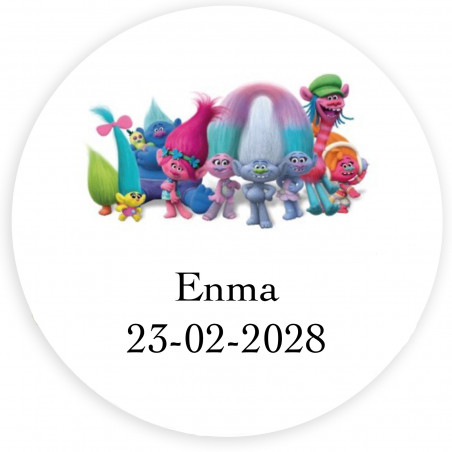 Adesivo personalizzato Trolls 5 cm con sfondo bianco