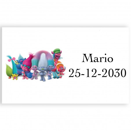 Trolls adesivi personalizzati con testo 3x5cm per eventi infantili
