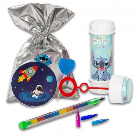 Stitch borsa sorpresa con pompero accessori di cancelleria e lecca lecca colorante