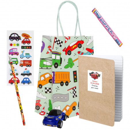 Borsa cars con dettagli e dolcetti per festa infantile