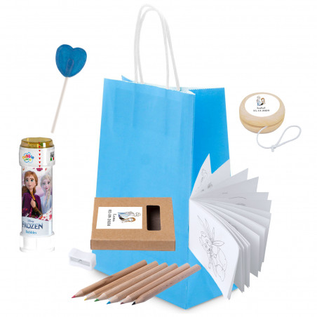 Borsa blu di Frozen con regali a tema infantile