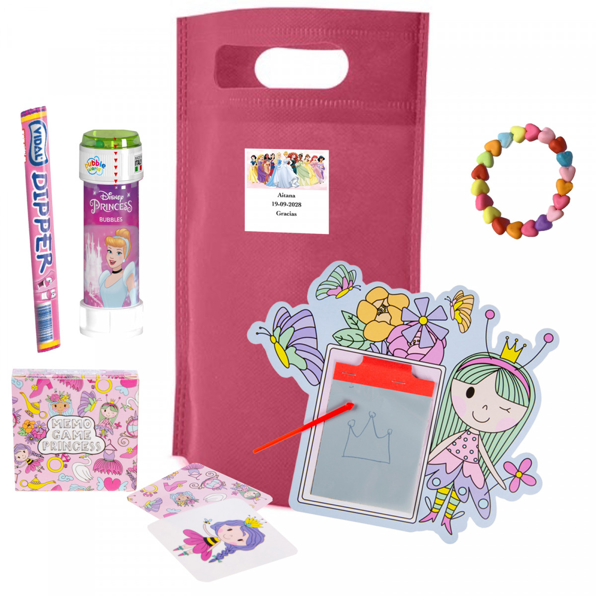Pacchetto principesse con lavagna magica, bolle di sapone e dolci