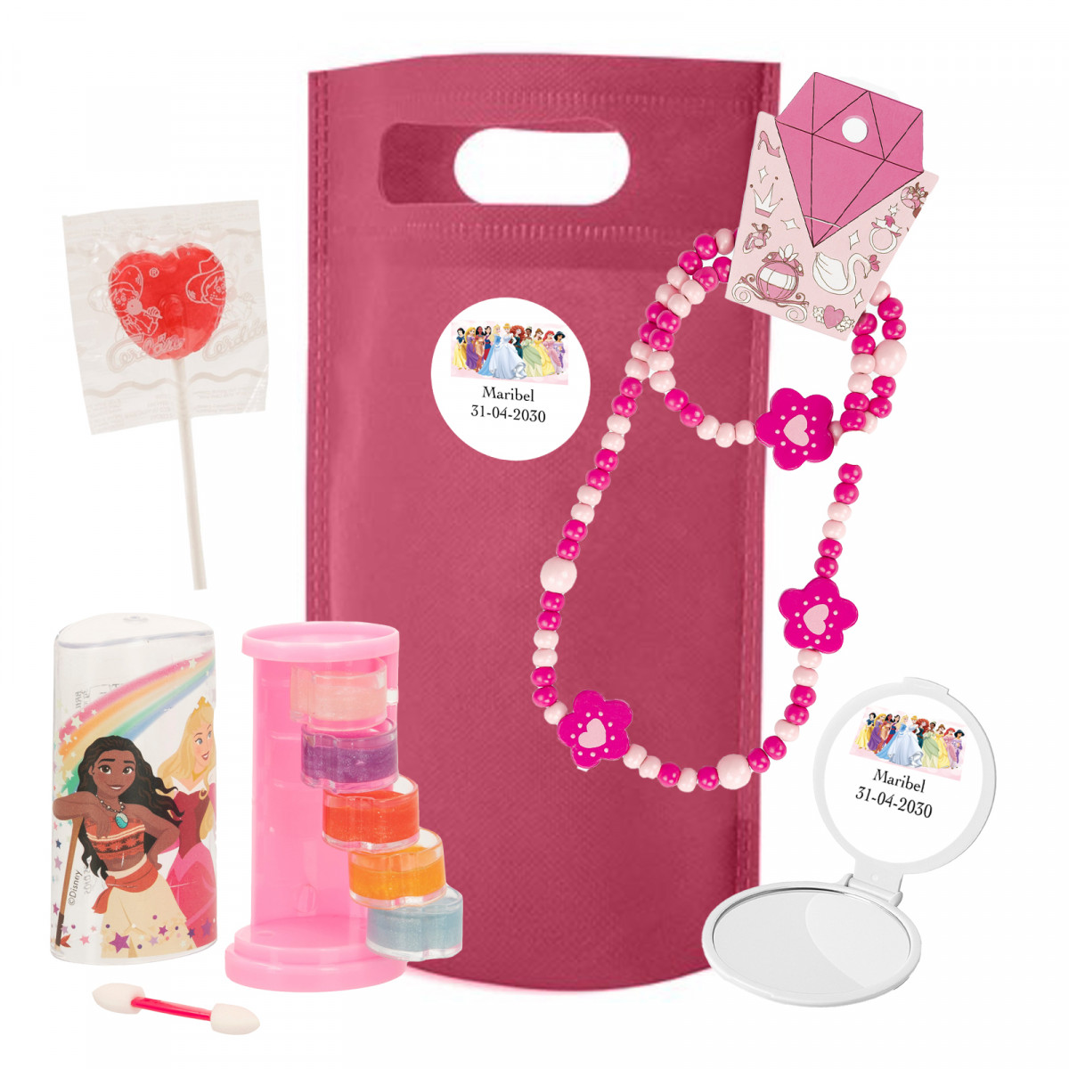 Borse fucsia delle Principesse Disney con dettagli per le invitate e dolciumi