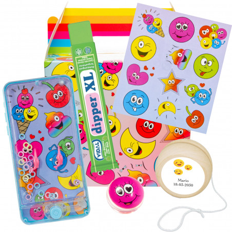 Emojis scatola regalo per invitati con giochi, adesivi e dolcetti