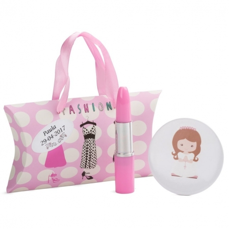 Specchio con adesivo bambina comunione e penna rossetto in scatola di cartone con manici personalizzata con adesivo