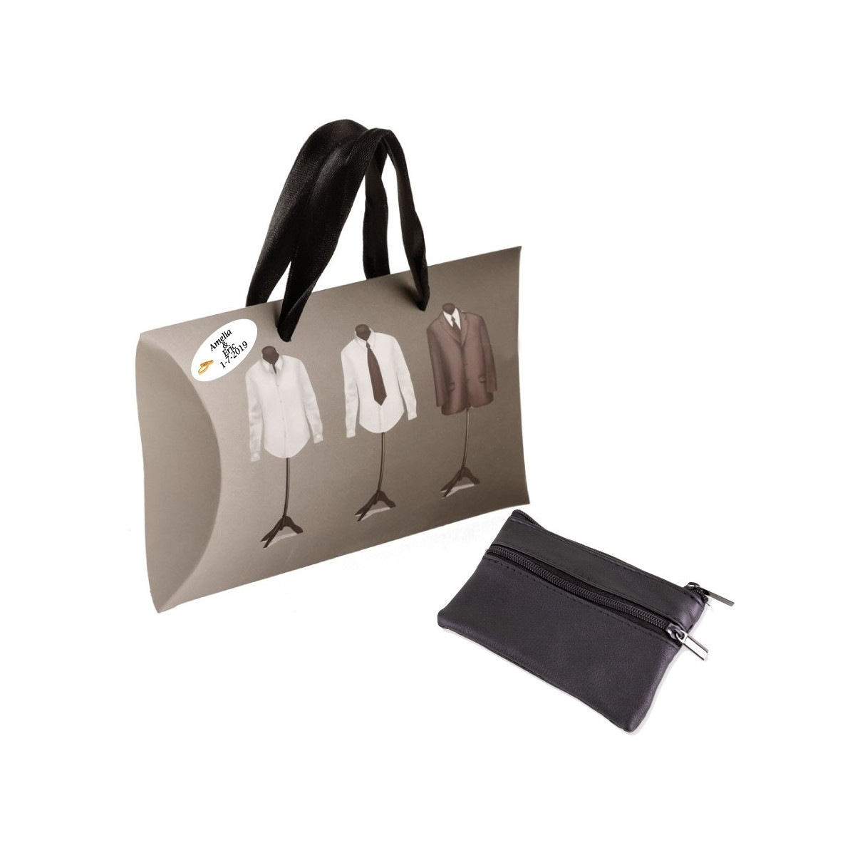 Borsa in similpelle nera con custodia e adesivo personalizzato. Un dettaglio elegante e pratico per i matrimoni.