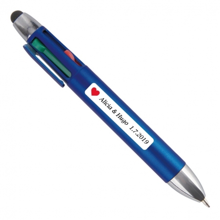 Penna a quattro colori personalizzata con adesivo per gli invitati